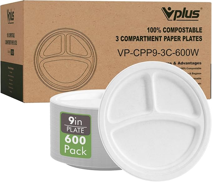 Vplus Compostable Plates, 500 Pack 10 Inch 3 Compartment Plates, White