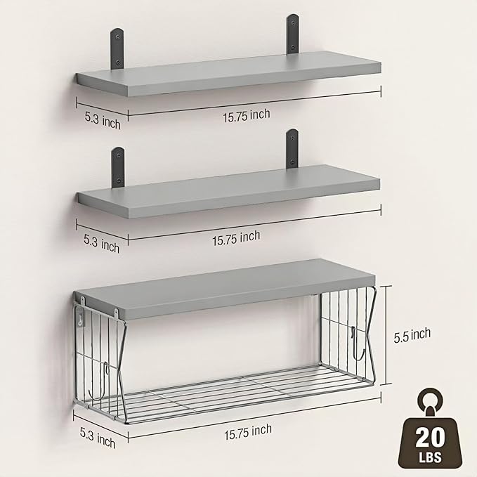 Floating Bathroom Shelves Wall Mounted - Wooden Shelf Set of 3 for Over Toilet Storage & Modern Bathroom Decor - Perfect Wall Shelving Organizer for Apartments RVs Powder Rooms Restroom - Grey