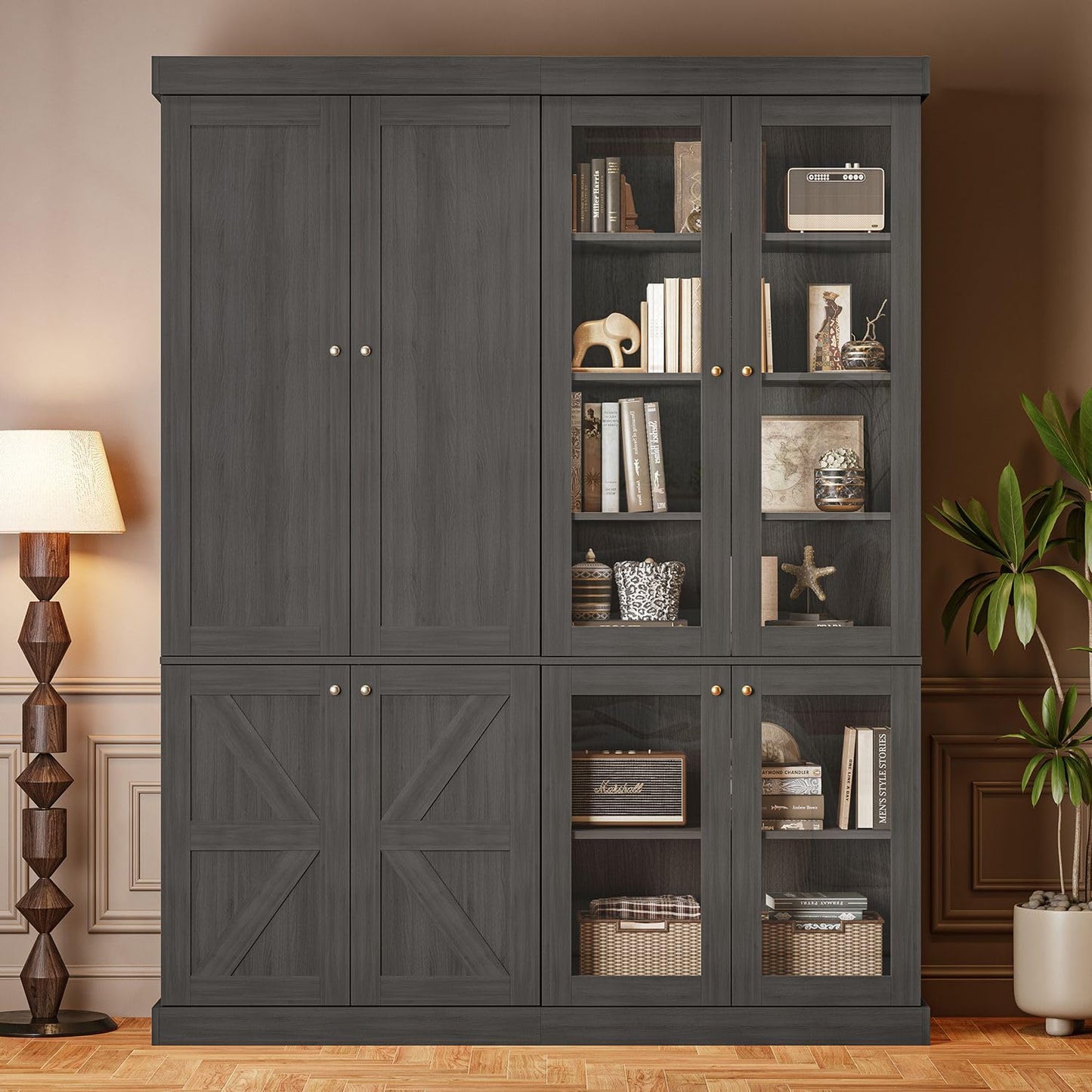 ivaniti 70.8" Tall Bookshelf with Doors, Farmhouse Modular Bookcase with 4-Tier Adjustable Shelves, Large Storage Cabinet for Home Office, Living Room, Brown, Set of 2