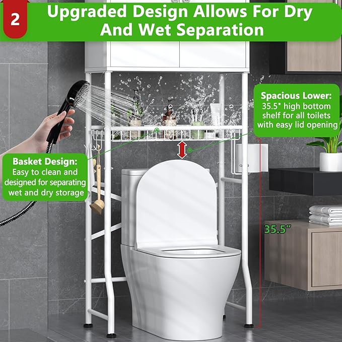 Over The Toilet Storage Cabinet - 2-Door Design Bathroom Organizers Shelf, Freestanding Space-Saver Above Toilet Storage Cabinet with Privacy Protection Rack, Water-Resistant Toilet Shelves (White)