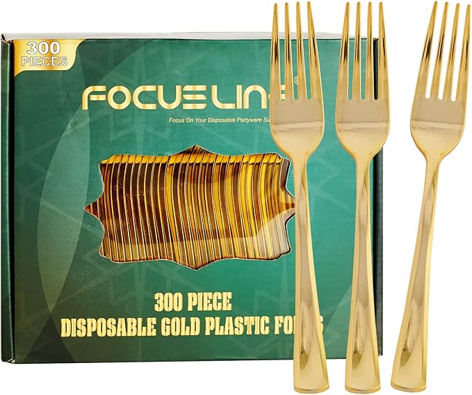 FOCUSLINE 300 Pack Disposable Gold Plastic Forks