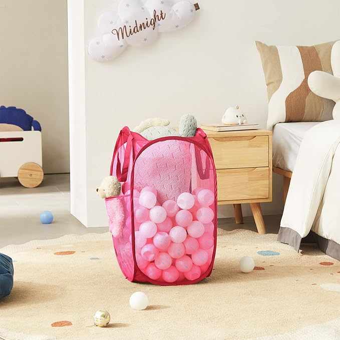 TECHMILLY Collapsible Mesh Pop Up Laundry Hamper with Sturdy Handles and Side Pocket - Portable Foldable Clothes Baskets for Dorm, Bathroom & Travel Storage (Pink)