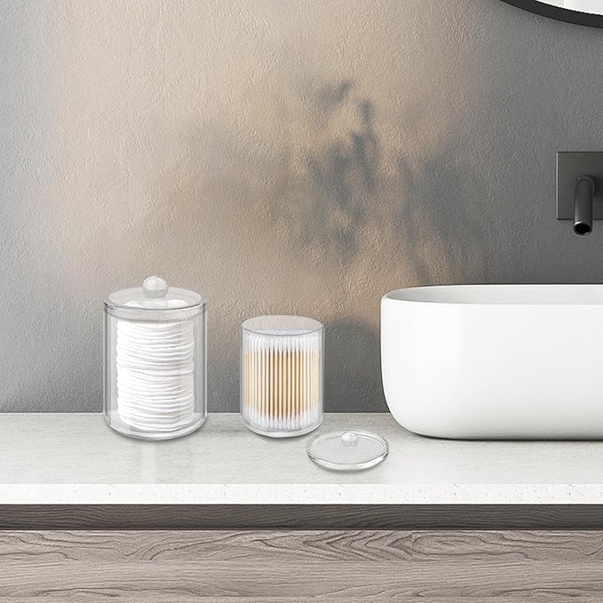 2 Pack Cotton Swab Holder, Transparent Acrylic Organizer with Lid, Clear Dispenser for Swabs, Bathroom Organizer and Storage, Home Decor, 10oz and 12oz