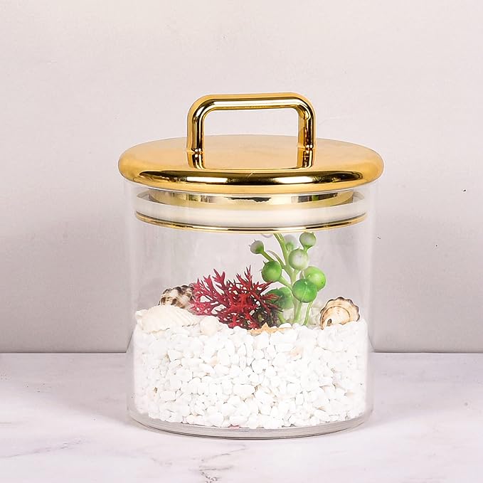 2 Pack 16 oz Small Acrylic Storage Apothecary Jar with Gold Airtight Lid | Bathroom Vanity Organizer Containers | Ideal Decorative Canisters for Shells, Bath Salt, Cotton Swabs, Cotton Ball