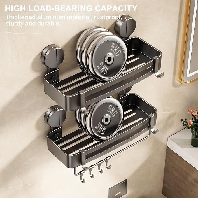 VOLPONE Shower Caddy Suction Cup, 2 Pack Corner Shower Shelves No Drilling, Showers Organizer Storage with Towel Bar & Removable Hooks, Bathroom Shower Shelf Rack for Inside Showers, Square