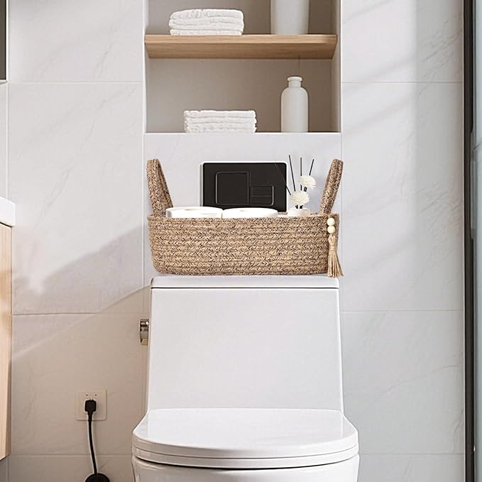 ABenkle Small Storage Basket for Toilet Tank Top - Jute Rope Woven Organizer with Handle, Boho Countertop Bathroom Decor, Toilet Paper Holder, 13x6x4 Inch