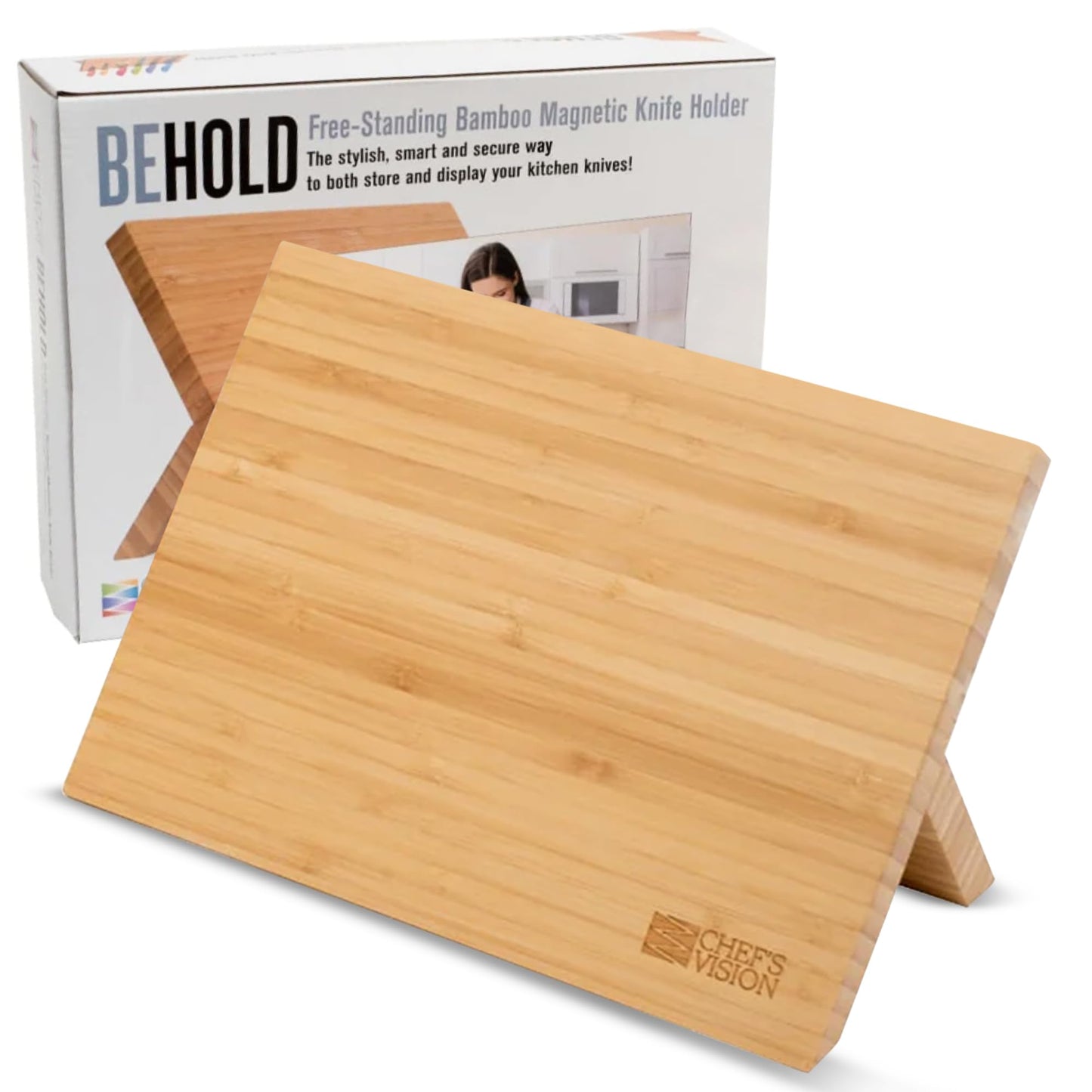 CHEF'S VISION Magnetic Knife Block Without Knives, Bamboo Countertop Holder