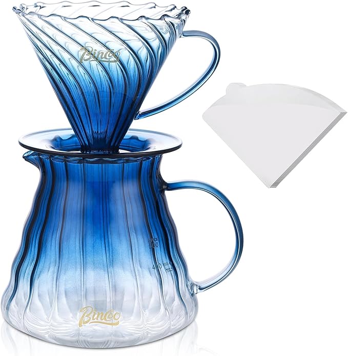 Bincoo Pour Over Coffee Maker Set with Dripper Size 02,600ml Glass Coffee Server Set,60 Angle TaperedGlass Coffee Dripper with Stand&Filter Paper for Home Office Gift (Green)