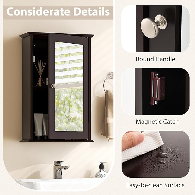 Tangkula Bathroom Medicine Cabinet with Mirror, Wall Mounted Single Mirror Door Storage Cabinet w/Adjustable Shelf, Wall Cabinet w/Reversible Door for Bathroom Living Room Hallway (Brown)