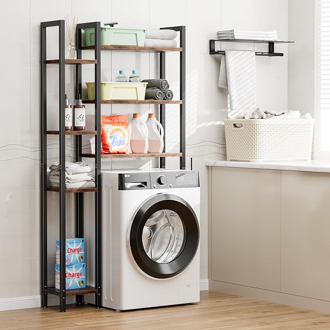 OTK Over The Toilet Storage with 7-Tier Bathroom Organizer Shelf, Freestanding Space Saver with Adjustable Feet & Hooks, Storage Rack for Bathroom, Restroom, Laundry, Rustic Brown