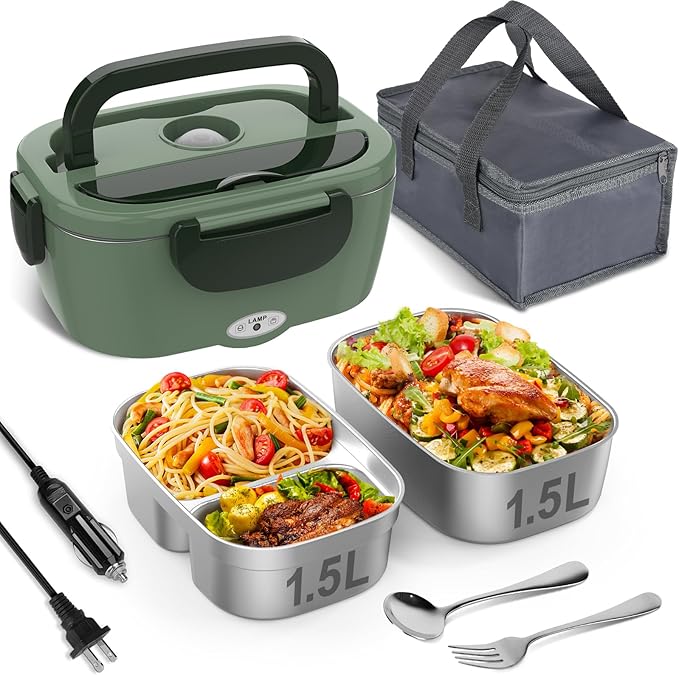 Vabaso Electric Lunch Box for Adults, 80W Heated Lunch Box with Dual 1.5L Stainless Steel Containers, Portable Food Warmer for Men Work Car Truck, 12V/24V/110V/220V