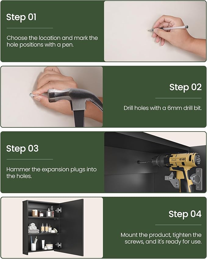 Bathroom Medicine Cabinet, Wall-Mounted Bathroom Vanity with Mirror, Bathroom Medicine Cabinet with Storage Function, Hanging Storage Cabinet, Adjustable Shelves, Black