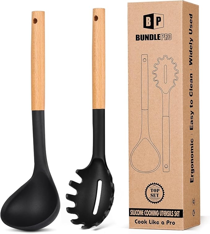 Silicone Pasta Fork and Ladle Spoon Set with Wooden Handle, Heat Resistant Non Stick Kitchen Utensils for Cooking, Stirring, Serving Spaghetti, Soup, Sauce(RED)