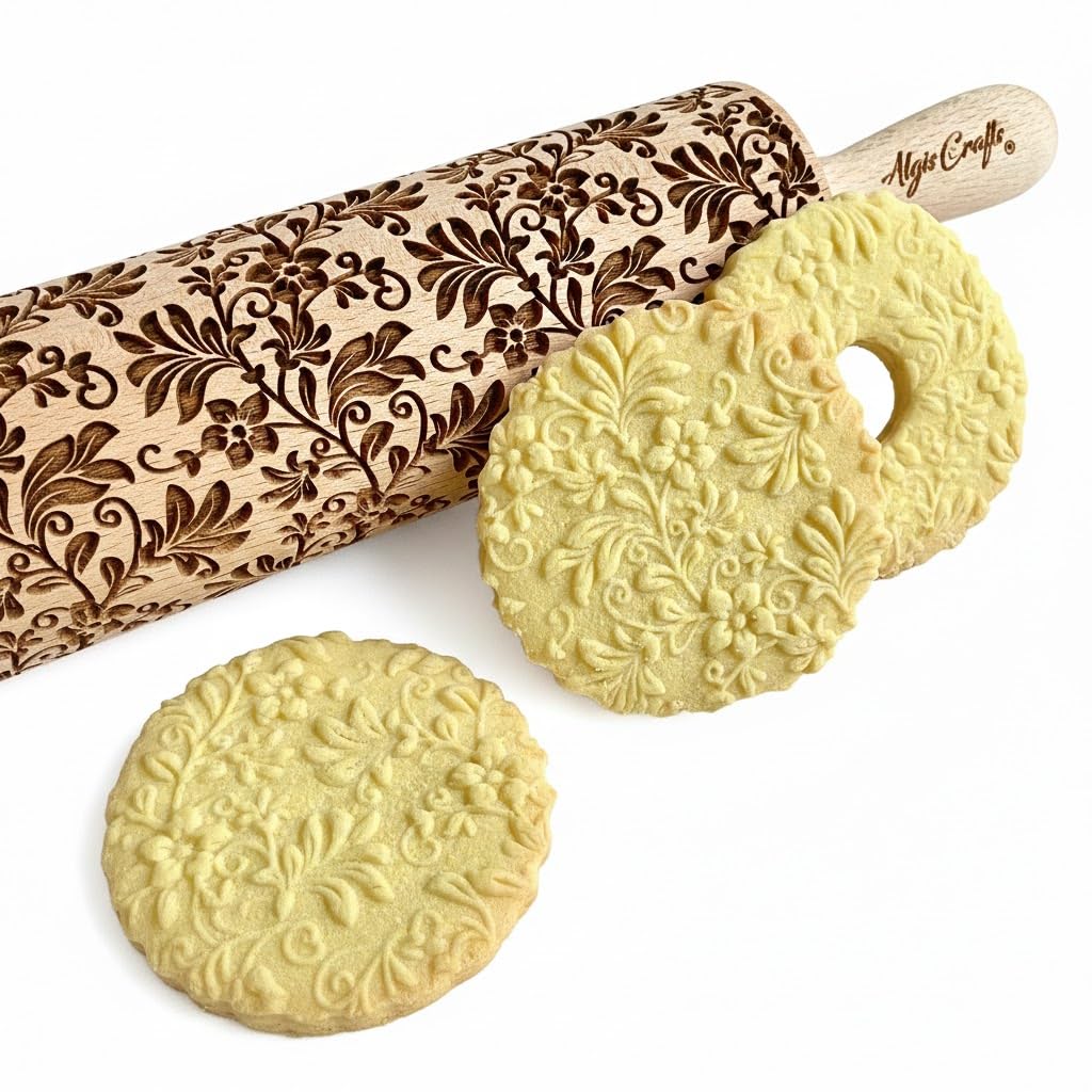 Embossing Rolling Pin GOLDEN DAISIES with Ornamental Bloom Pattern – Dough and Clay Roller for Embossed Cookies and Pottery - Cookie and Ceramic Stamp - Baking Gifts for Women by Algis Crafts
