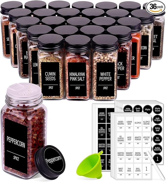 Churboro 36 Spice Jars with 547 Labels- Glass Spice Jars with Black Metal Caps, 4oz Empty Spice Containers with Shaker Lids, Funnel, Chalk Pen, Square Seasoning Bottles for Spice Rack, Drawer, Cabinet