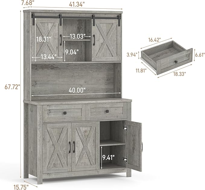 Befrases 67.7 Inch Farmhouse Pantry Storage Cabinet with Sliding Barn Doors, 2 Drawer Farmhouse Coffee Cabinet with Adjustable Shelf, Side Board with Buffet Cupboard Livingroom Kitchen, Grey