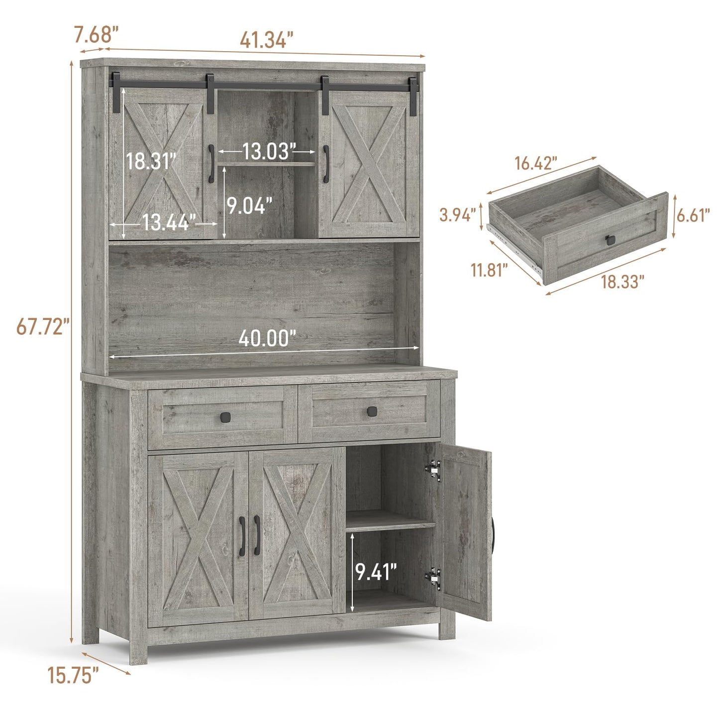 Befrases 67.7 Inch Farmhouse Pantry Storage Cabinet with Sliding Barn Doors, 2 Drawer Farmhouse Coffee Cabinet with Adjustable Shelf, Side Board with Buffet Cupboard Livingroom Kitchen, Grey