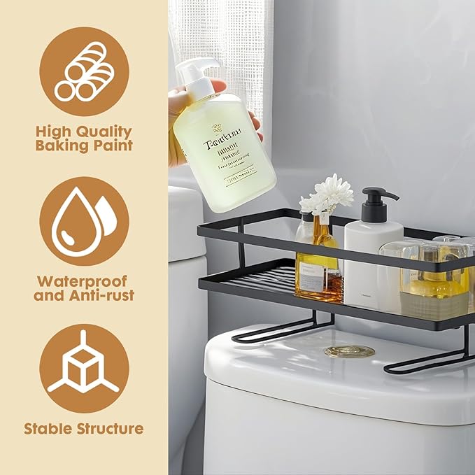 ShellKingdom Over The Toilet Storage Shelf, Toilet Paper Holder Stand Shelves, Punch-Free Bathroom Storage Rack with 2 Hooks, Small Space Organizers for Bathroom, Home, Countertop, Black