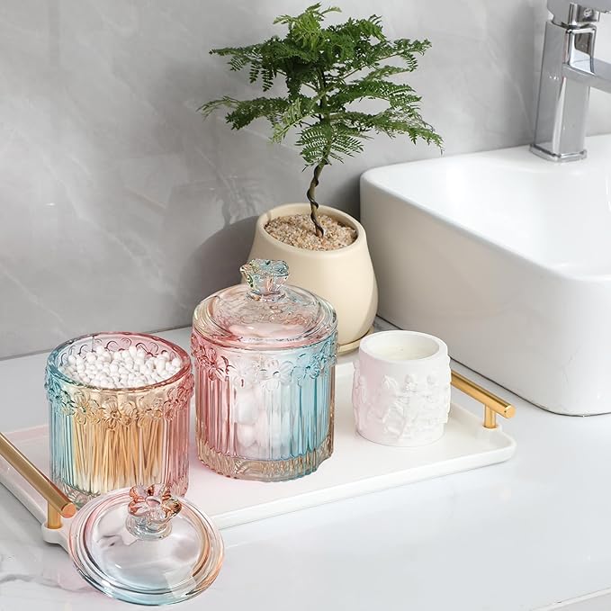 rejomiik 2 Pack Qtip Holder Glass Apothecary Jars with Lids Bathroom Accessories Vanity Organizers and Makeup Storage Canister for Cotton Swabs, Balls, Pads, Floss Picks, Candy, Rainbow