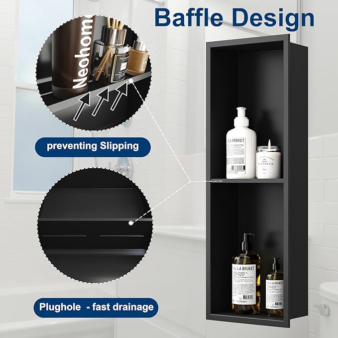 Neodrain Shower Niche Double Shelf Stainless Steel No Tile Needed Bathroom Niches Recessed in Wall, 2-Tier Recessed Wall Niche Waterproof Cubby(8X24 Inch,Matte Black)