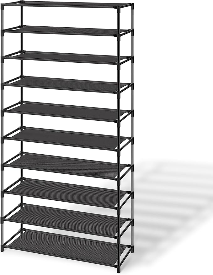 SONGMICS Shoe Rack, 10-Tier Shoe Storage Organizer, Space-Saving, 11 x 32.7 x 62.6 Inches, Entryway, Metal Frame, Non-Woven Fabric Shelves, Ink Black ULSR210B02