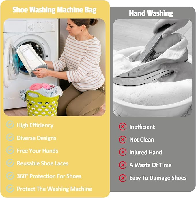 Shoe Washing Machine Bag,2 Pcs Shoe Washing Bag for Dryer & Washer, Reusable Laundry Shoe Bag for All Shoes Sizes, Independent Insole Compartment With Side Mesh (White)