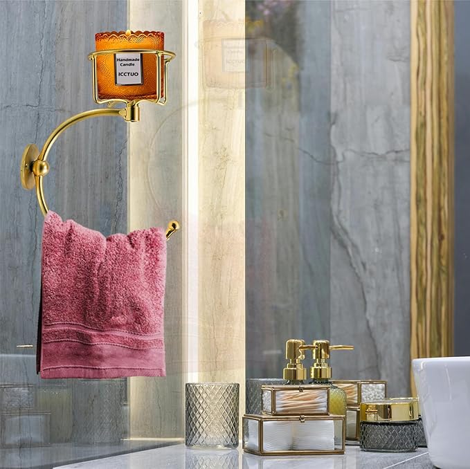 Gold Hand Towel Holder for Bathroom Wall, Towel Hook with Wall Candle Holder,Elegent Towel Ring Rose Gold, Sturdy Towel Rack Wall Mounted Hanger for Bathroom