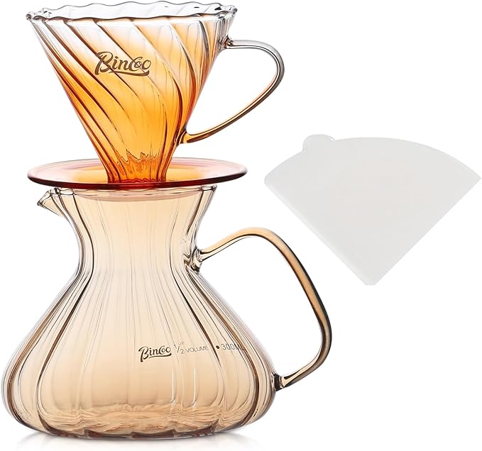 Bincoo Pour Over Coffee Maker Set with Dripper Size 02,600ml Glass Coffee Server Set,60 Angle TaperedGlass Coffee Dripper with Stand&Filter Paper for Home Office Gift (Green)