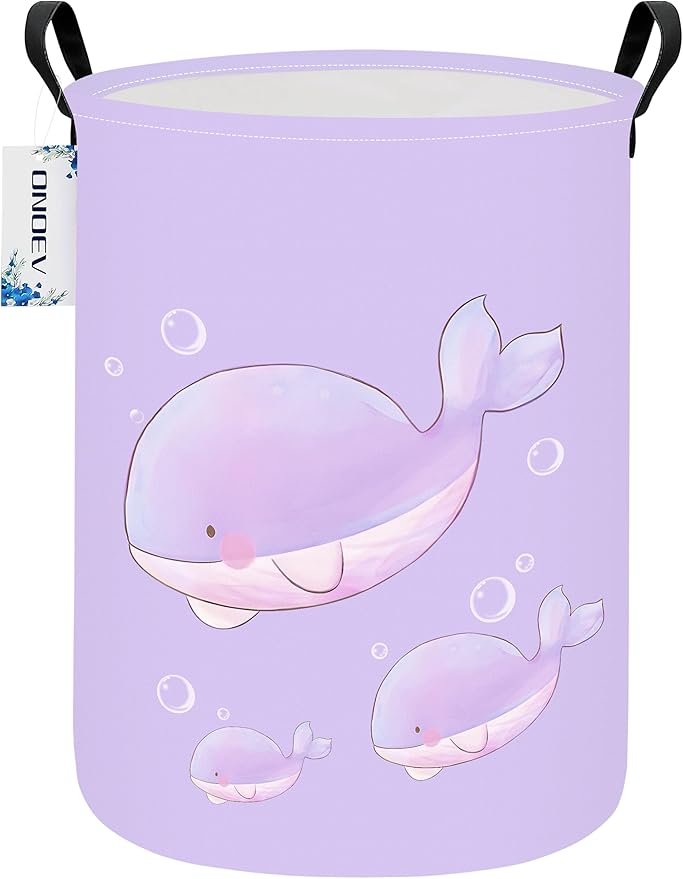 Round Foldable Girls' Storage Basket Kids Laundry Hamper Purple Gift Basket Suitable For Home Decoration and Toy Storage(Purple Whale)