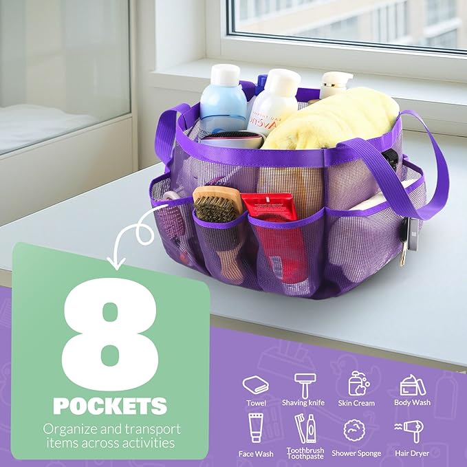 Mesh Shower Caddy Portable for College Dorm Room Essentials with 8 Pockets, Shower Bag for Beach, Swimming, Gym, Travel, Bathroom(All purple)