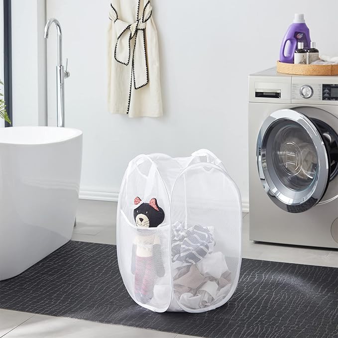 TECHMILLY Collapsible Mesh Pop Up Laundry Hamper with Sturdy Handles and Side Pocket - Portable Foldable Clothes Baskets for Dorm, Bathroom & Travel Storage (White, 3 Packs)