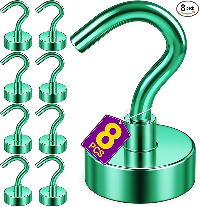 Magnetic Hooks, 8 Pack Strong Magnetic Hooks Cruise for Hanging, 25lbs Magnets with Hook for Cruise Cabins, Magnets for Whiteboard, Garage, Grill, Lock Accessories, Green