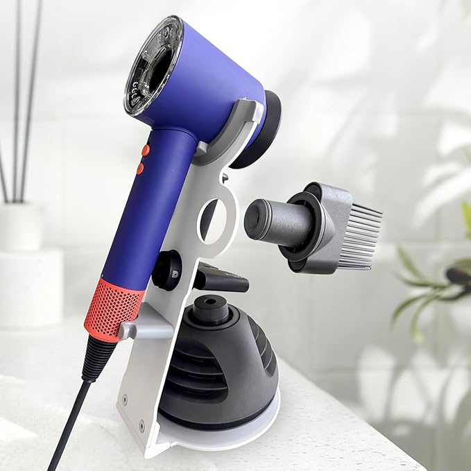 Hair Dryer Holder Stand for Dyson Hair Dryer, Upgraded Dyson Hair Dryer Holder Dyson Hair Dryer Stand White to Store 5 Dyson Hair Dryer Attachments with Cable Hook