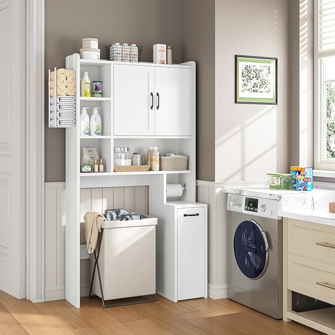 Over The Toilet Storage Cabinet with Pulley Small Bathroom Storage Cabinet, Space Saver W/Adjustable Shelf & Towel Rack for Bathroom, Restroom, Laundry (White-Type B)