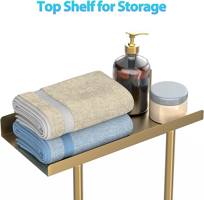Towel Rack for Bathroom, Wall Mounted Vertical Rolled Towel Storage Organizer Holder with Shelf, Holds Up 6 Large Bath Sheets, Gold Large Size