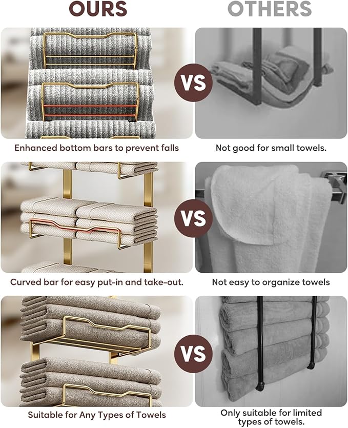 Hanging Towel Racks for Bathroom No Drill - 6-Tier Over The Door Bath Towel Storage Organizer for Small Bathrooms - Tiered Back of Door Towel Holder Hanger for Rolled Towels RV Camper Gold