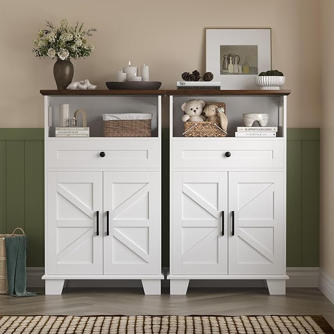 Farmhouse Bathroom Storage Cabinet with Drawer & Adjustable Shelves, White 23.6" Wide Freestanding Floor Cabinet, Barn Door, Sturdy Wood, for Kitchen, Entryway (23.6 * 11.8 * 39.3" (Floor))