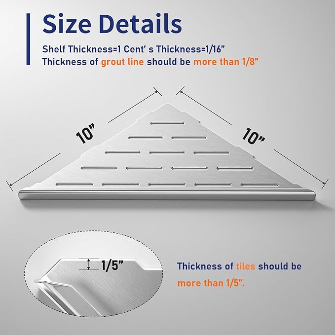 Corner Shower Shelf 10" Brushed 304 Stainless Steel Slot Design Recessed Corner Shelf Bathroom Grout in Shelf for Tiled Wall