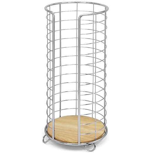 BROOKSTONE, Stylish Toilet Paper Holder with Bamboo Base, Freestanding Bathroom Tissue Organizer, Minimalistic Storage Solution, Modern Trending Design [Holds Large Rolls], Chrome…