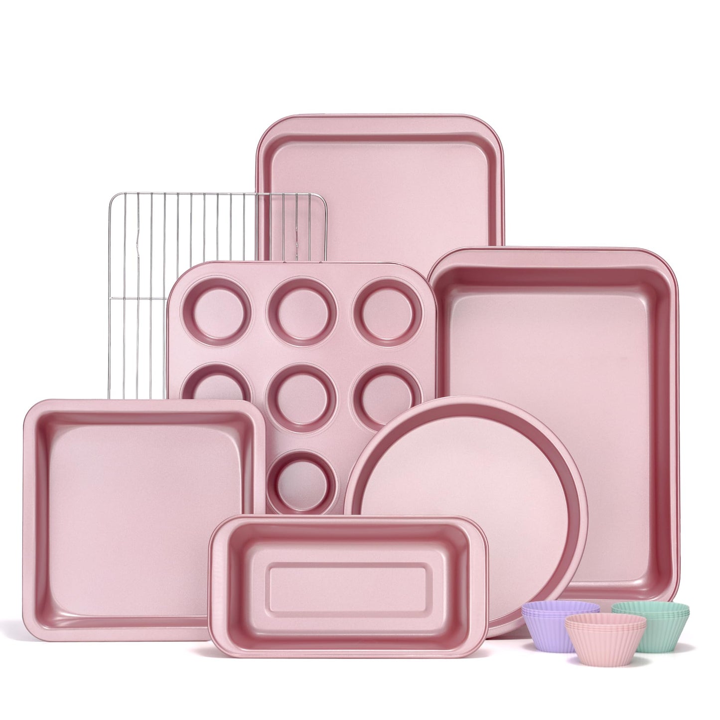 KITESSENSU Compact Baking Pans Sets, Nonstick Bakeware Sets 19-Piece with Round/Square Cake Pan, Loaf Pan, Muffin Pan, Cookie Sheet, Roast Pan, Cooling Rack, Carbon Steel Bake Set