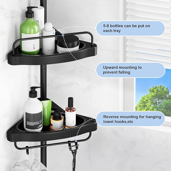 HAMITOR Corner Shower Caddy Tension Pole: 4 Tier Shampoo Storage Organizer for Inside Shower - Telescoping Rod Shower Rack for Bathroom and Bathtub - Restroom Floor Standing Bath Rack Holder Black