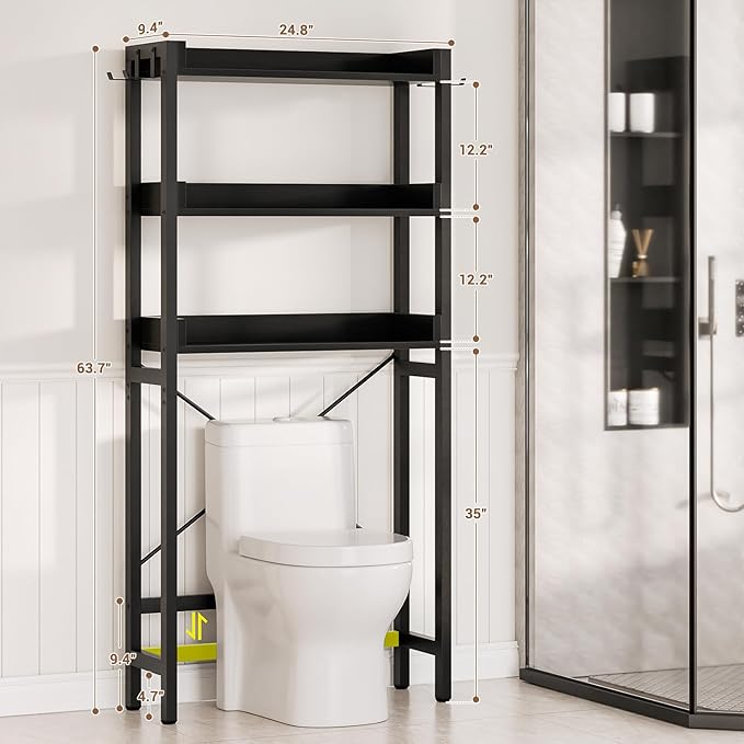 Over The Toilet Storage Rack - 3 Tier Bathroom Organizer with Shelves, Freestanding Space Saver Storage Rack Above Toilet Stand with 4 Hooks for Restroom, Laundry, Black