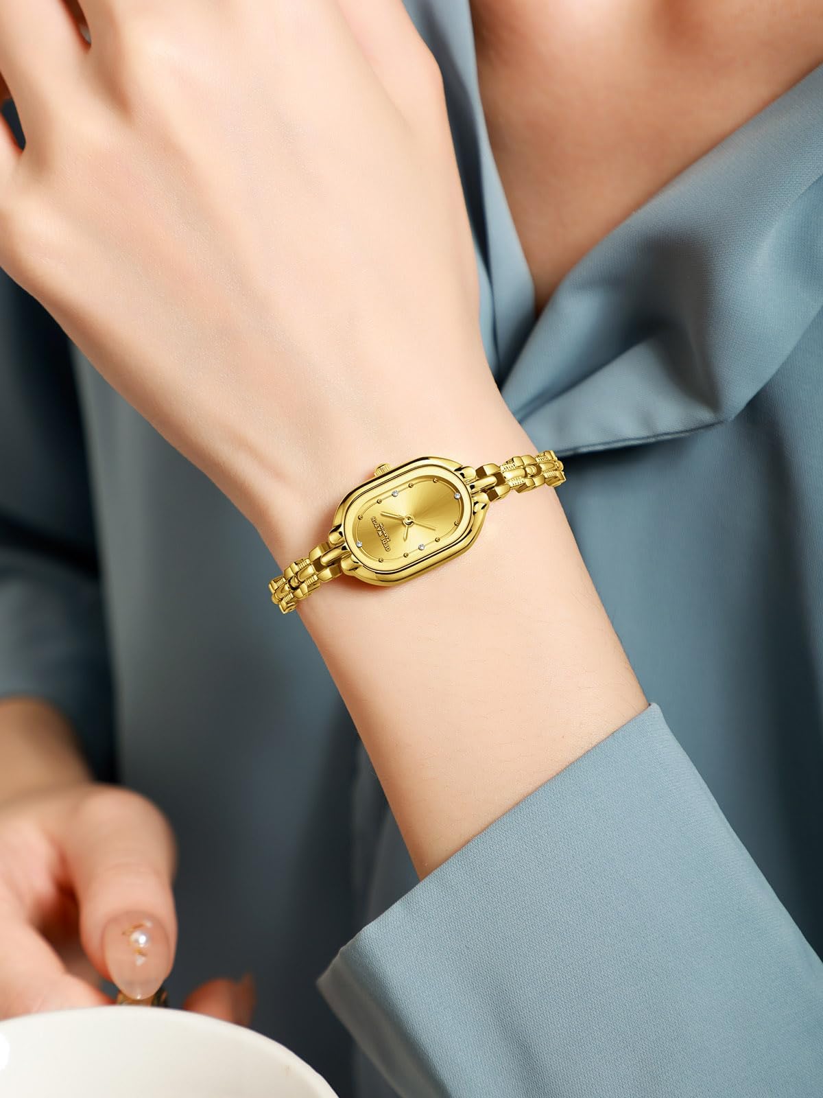 CARLIEN Women Vintage Petite Bracelet Gold Dainty Watch Small Oval Analog Quartz Watch Luxury Waterproof Ladies Diamonds Wristwatch (Gold)
