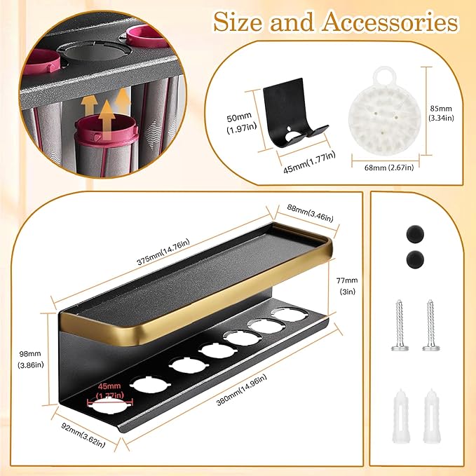 Airwrap Storage Holder Compatible with Dyson Airwrap Curling Iron Wall Mounted Storage Rack Holder for Home Organizer (with Comb) Gold