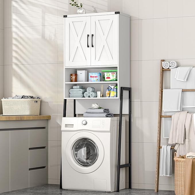 Vabches Over The Toilet Storage Cabinet, Farmhouse Over Toilet Storage Cabinet, Metal Frame with 2 Barn Doors, Home Space-Saving Toilet Rack for Bathroom, Toilet, Laundry Room