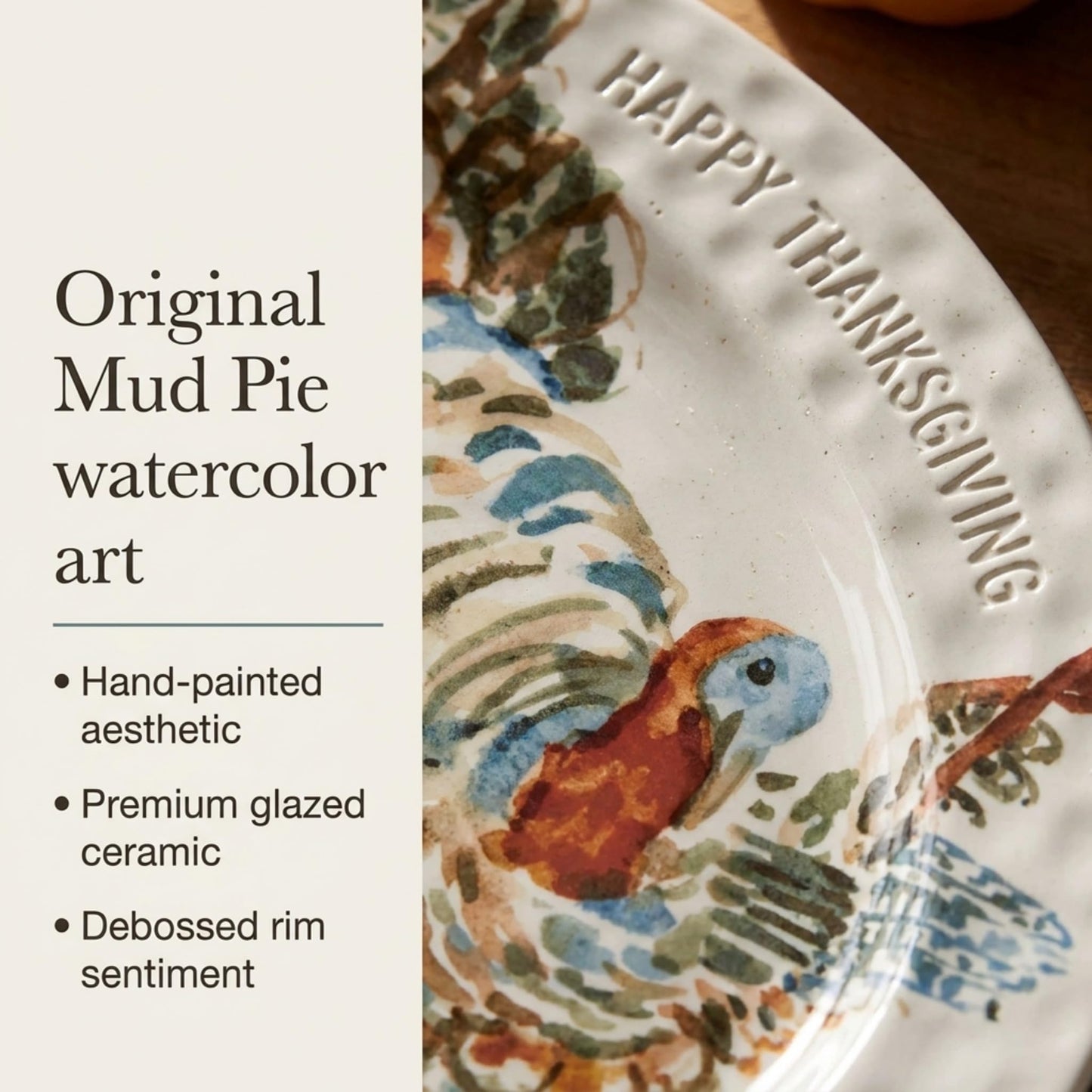 Mud Pie Turkey Platter, Large Thanksgiving Serving Platter, White Ceramic