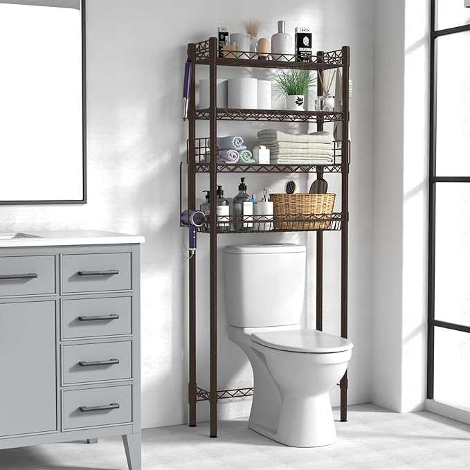 Over Toilet Storage Shelf, 4-Tier Bathroom Organizer Storage Shelves Over The Toilet, Adjustable Over The Toilet Shelf Above Toilet Rack Freestanding Bathroom Space Saver Over Toilet, Espresso