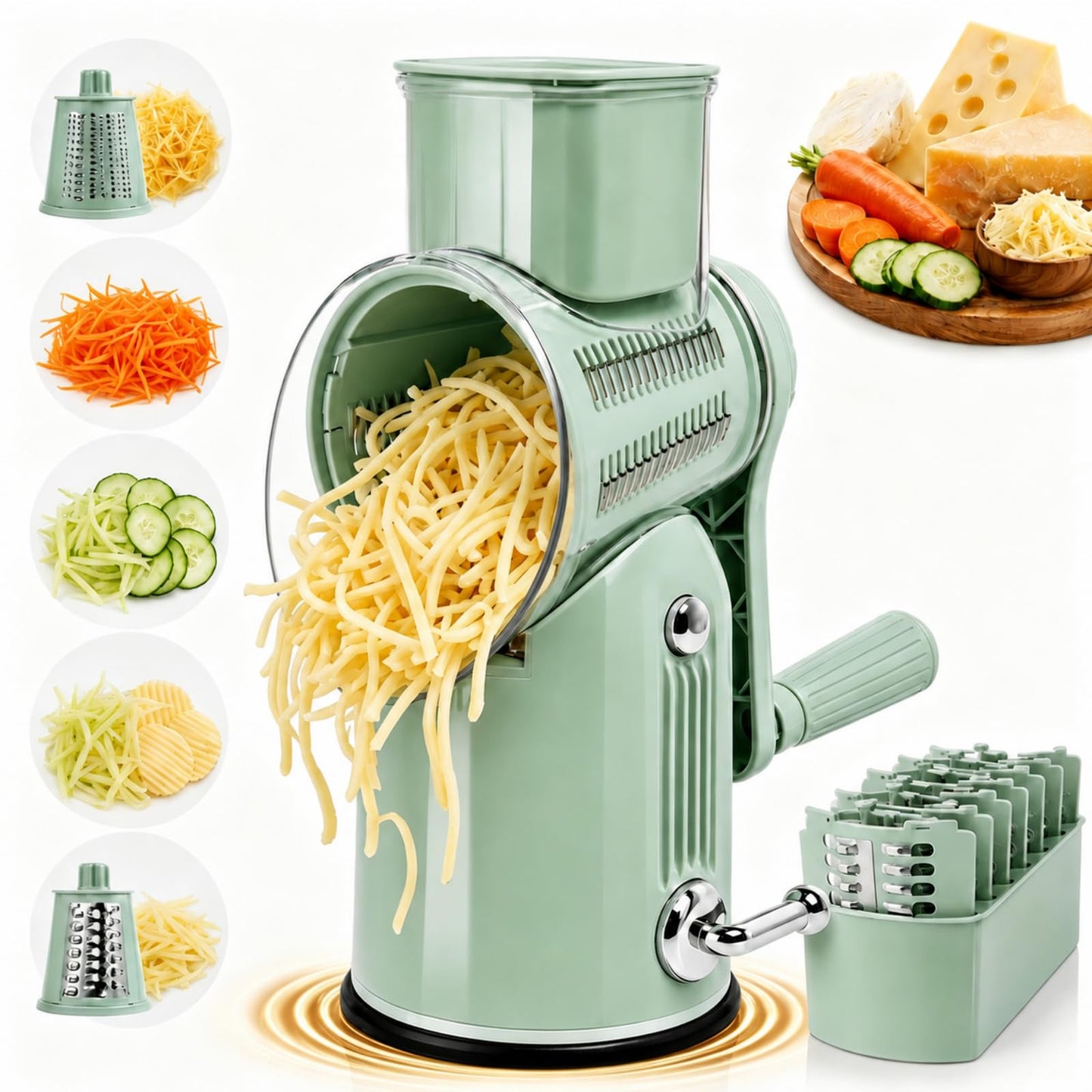 5-in-1 Rotary Cheese Grater and Vegetable Slicer with Suction Base, White