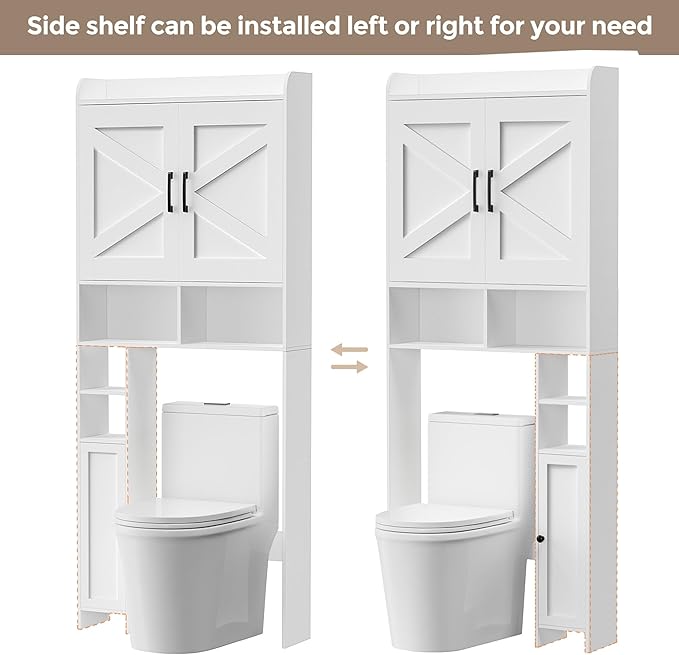 Homhedy Over The Toilet Storage Cabinet with 2 Barn Door and Toilet Paper Holder Stand, FreeStanding Toilet Shelf Space Saver, for Bathroom, Restroom, Laundry, White