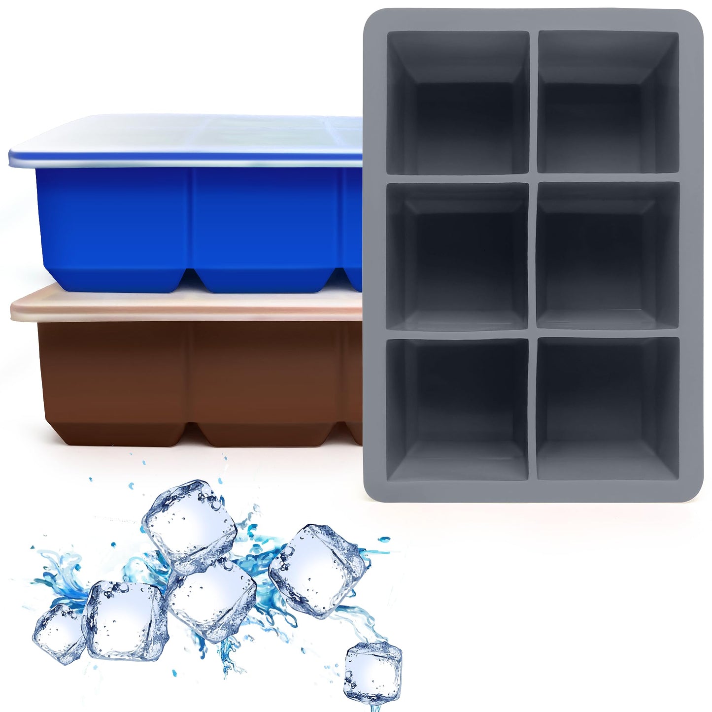 Excnorm Silicone Ice Cube Trays 3 Pack - Large Size Silicone Ice Cube Molds with Leak Proof Removable Lid Square Ice Cube Tray And BPA Free for Cocktail,Whiskey, Stackable Flexible Ice